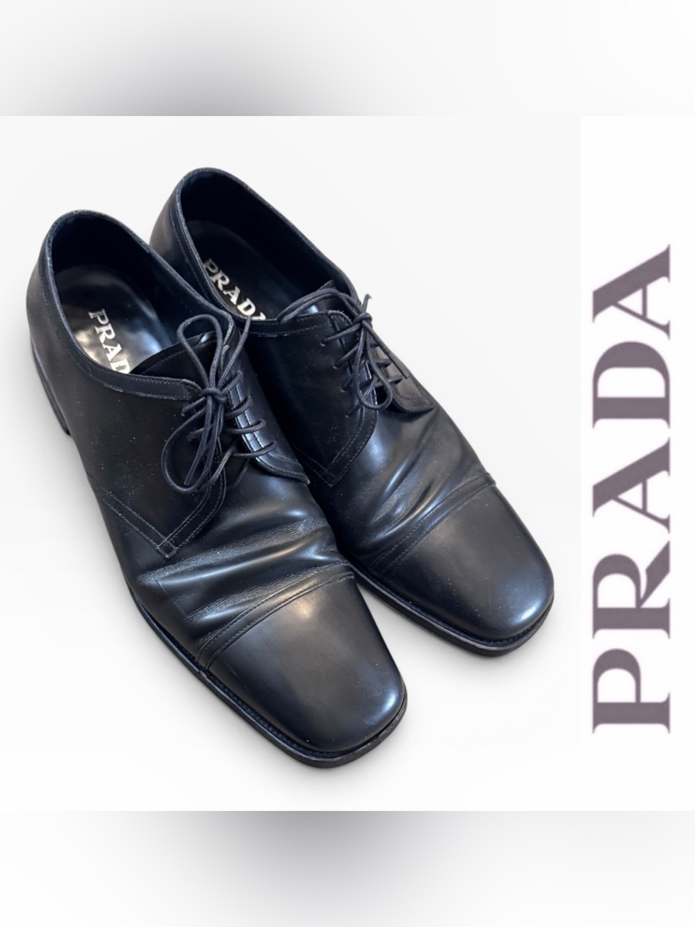 Prada Black Leather Derby Lace-Up Dress Shoes - Picture 1 of 8